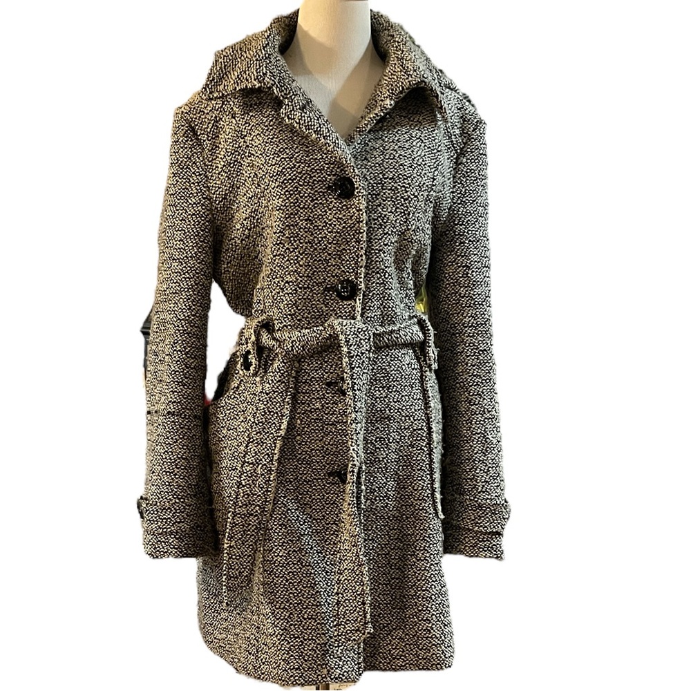 GALLERY TWEED POLY WOOL BLEND HOODED COAT WITH WAIST BELT BLACK WHITE SIZE XL